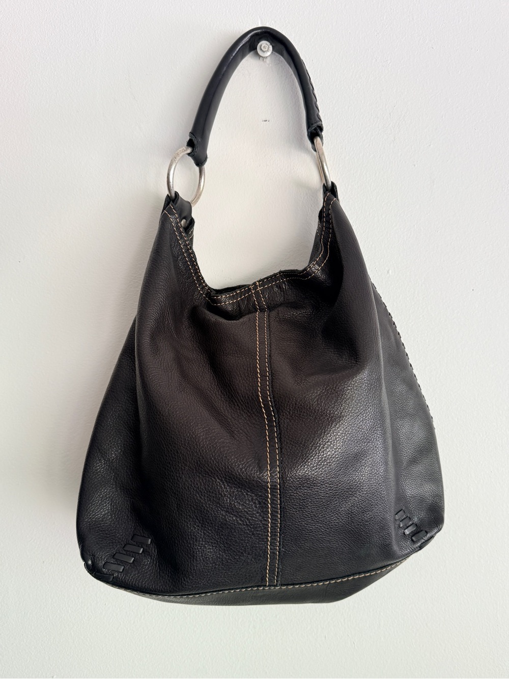 Lucky Brand Black Pebbled Leather Hobo Shoulder Bag Slouchy Studded Tote Satchel